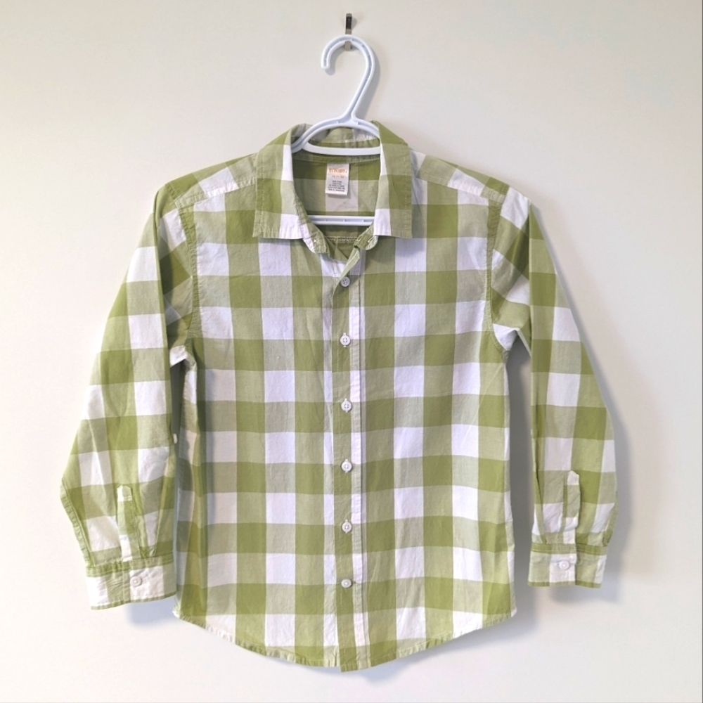 Gymboree Boys' Green and White Gingham Check Cotton Shirt, Size M (7-8)